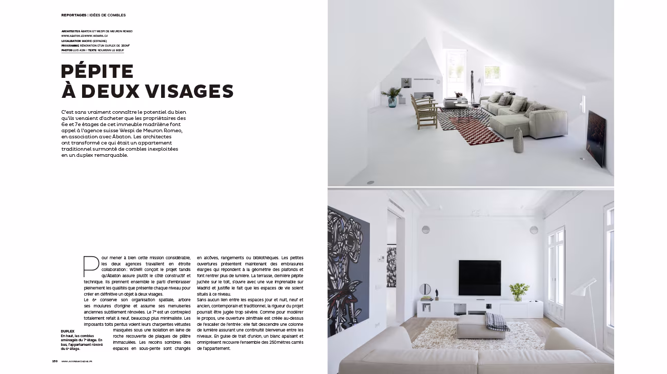 «Pépite à deux visages» feature in Àvivre showing a white ÁBATON attic living room