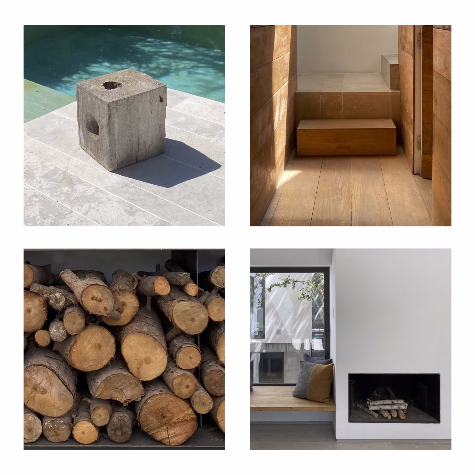 Four details: concrete block beside a pool, timber alcove, stacked logs and a fireplace