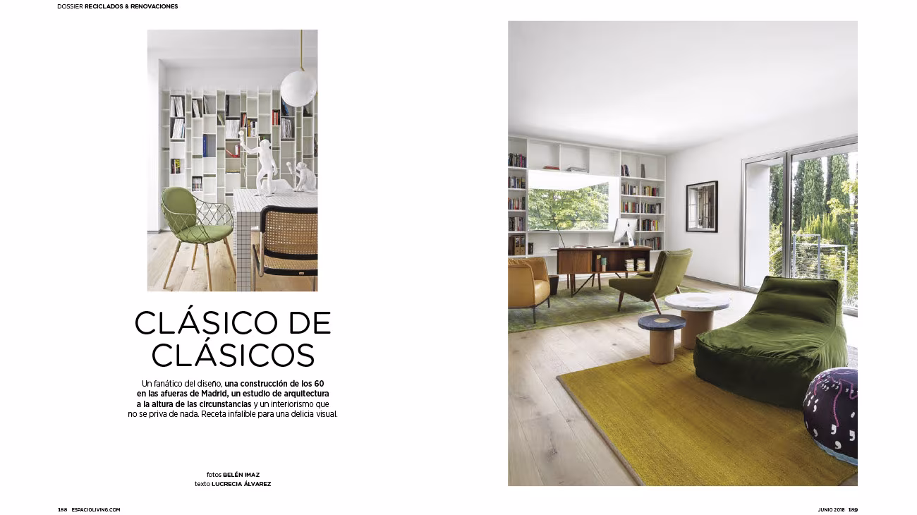 «Clásico de clásicos» feature in Living showing an ÁBATON living room with a green armchair and mustard rug