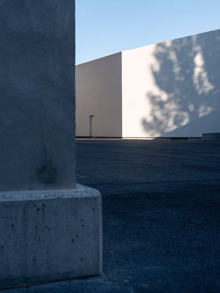 Exposed concrete pier in the foreground and a white volume with a tree's shadow beyond at the CVNE winery