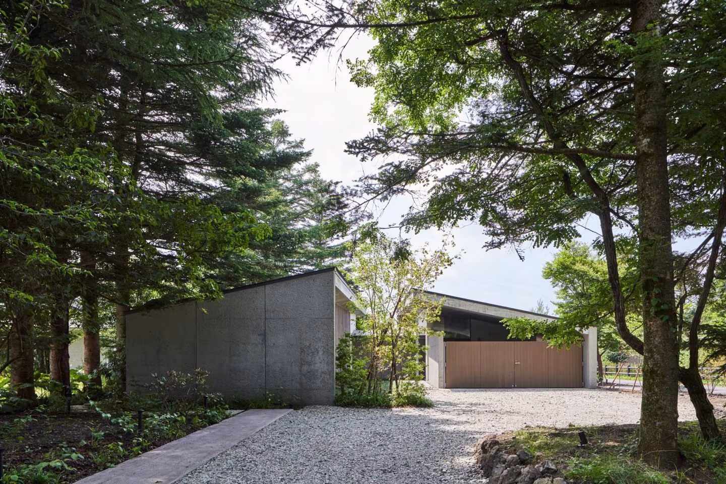 Concrete Symbiotic House among larch trees and a gravel drive with a timber garage beyond