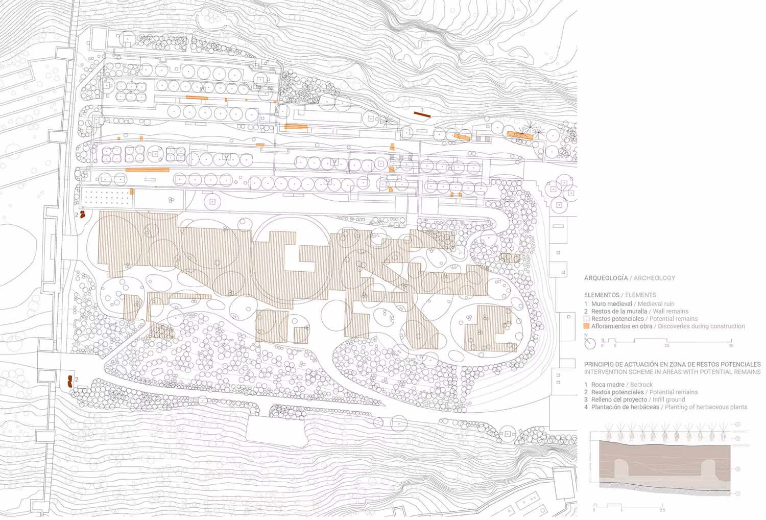 Plano de mobiliario y pérgolas del parque de La Hoya sobre la planta general de los jardines