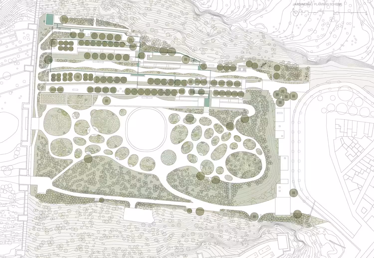 Plano de plantación del parque de La Hoya con la leyenda de las especies mediterráneas por áreas