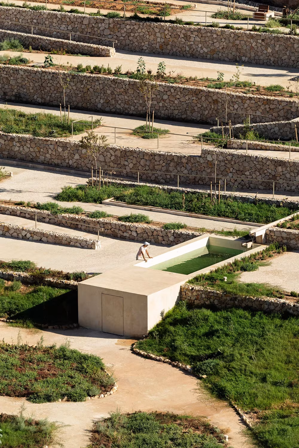 Pabellón de hormigón y aterrazamientos de piedra con parterres de vegetación en el parque de La Hoya, Almería