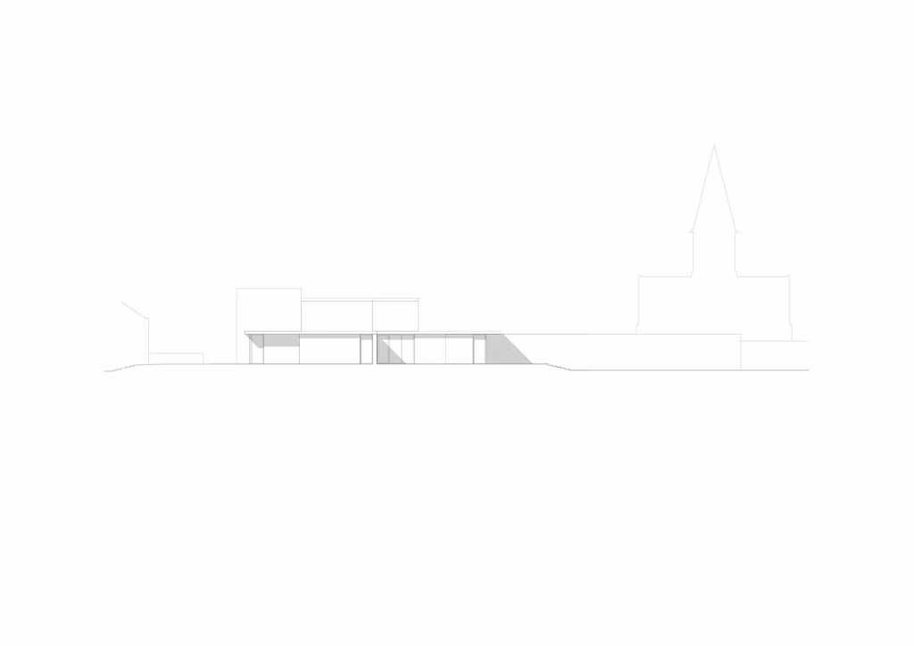Elevation of the Jonkershove cultural centre with the church tower behind