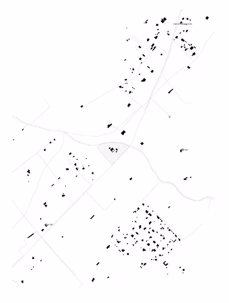 Plano de emplazamiento de la casa Ca na Pau con las edificaciones dispersas del entorno rural