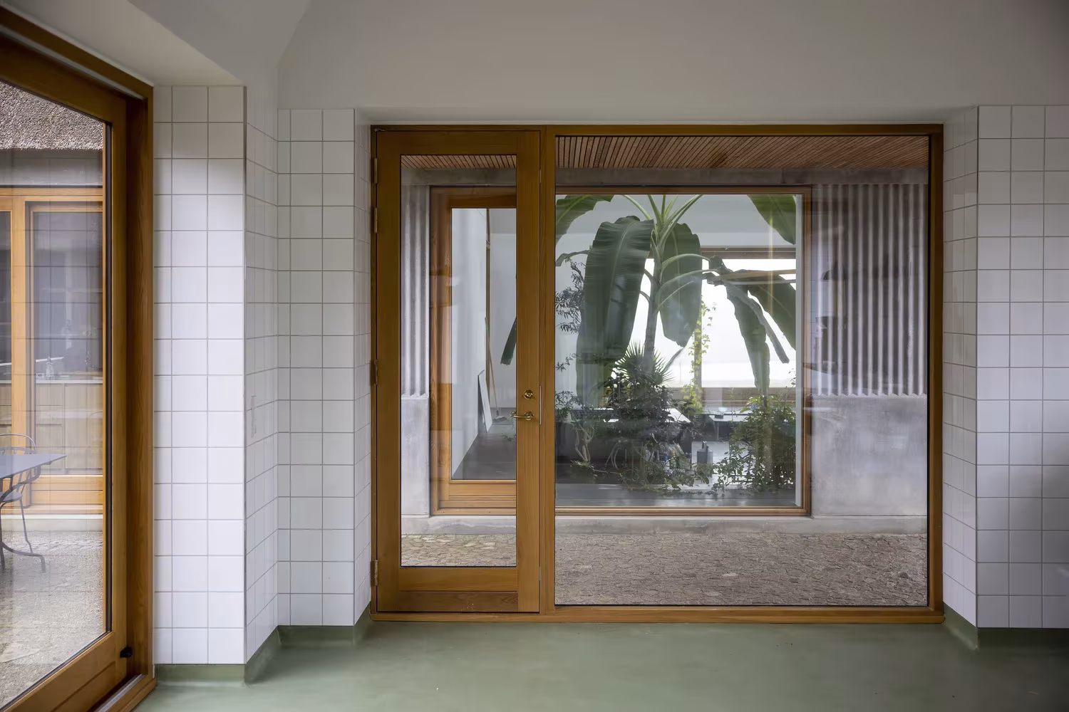 Cristalera con marco de madera que enmarca una planta tropical desde la sala alicatada de Åstrup Have
