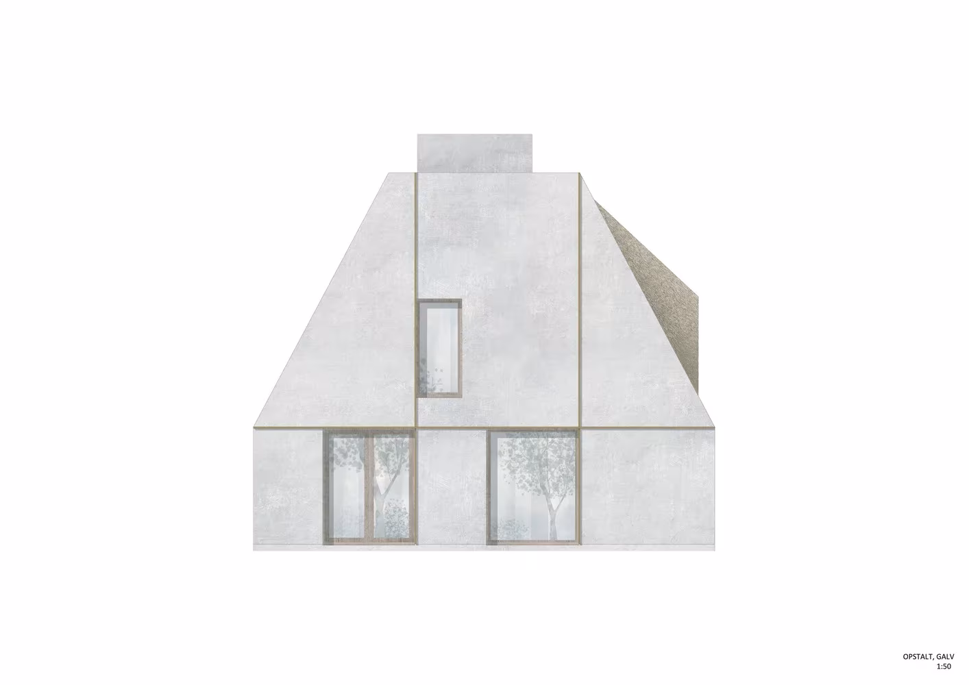 Alzado del testero de hormigón de Åstrup Have con sus ventanas y la chimenea