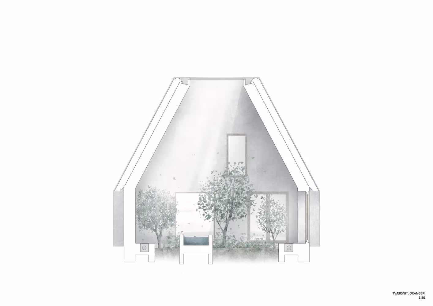 Sección transversal del ala de Åstrup Have con jardín interior y cubierta inclinada de paja