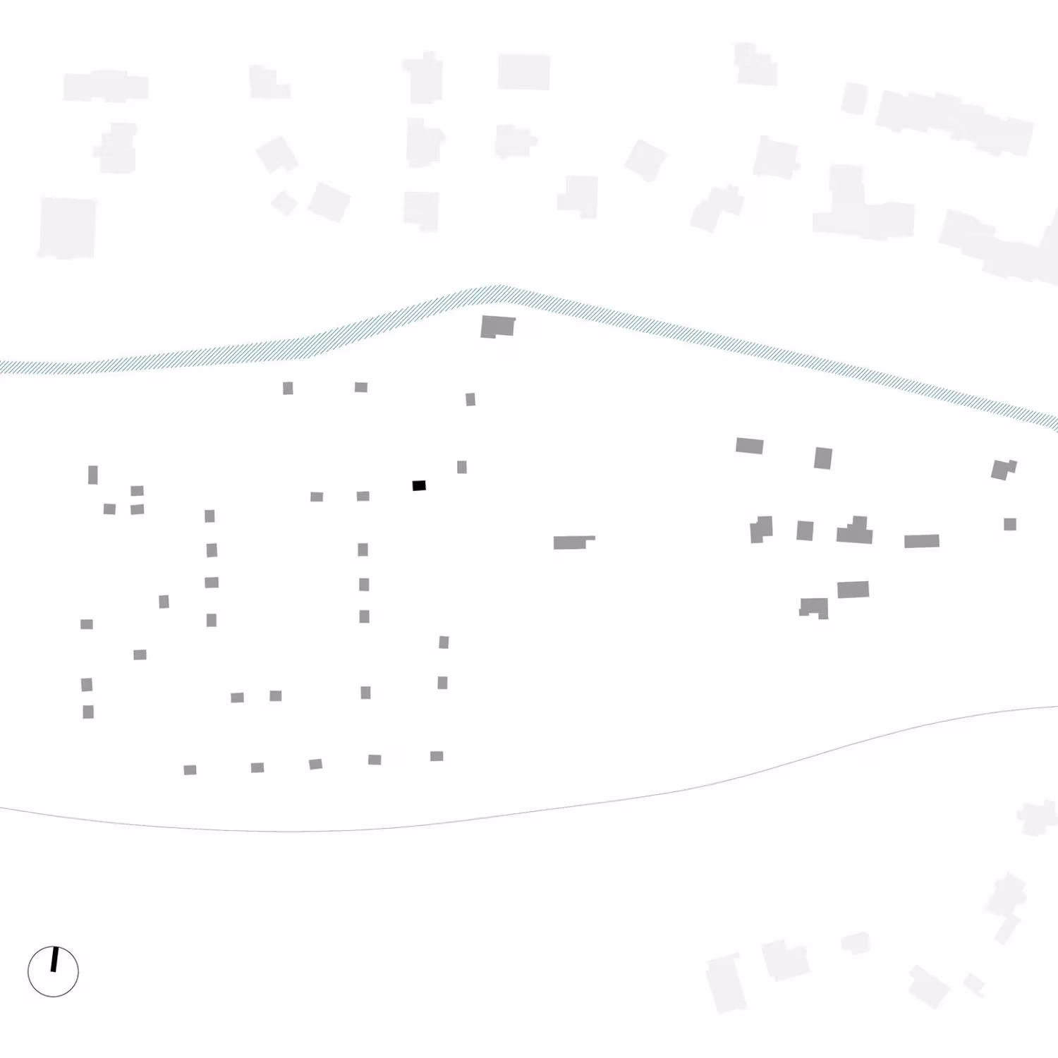 Plano de situación del pabellón de BYRÓ architekti entre las parcelas de jardines de Praga
