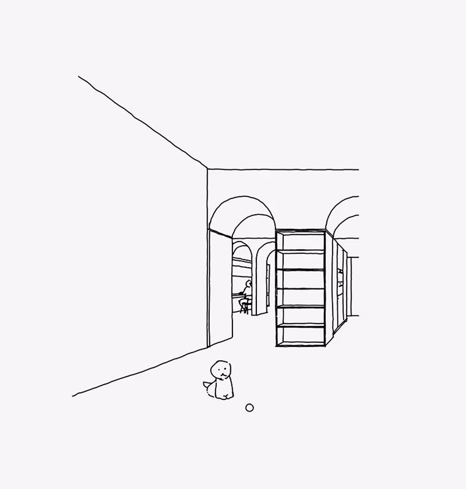 Croquis en perspectiva de la vivienda de Valencia con arcos sucesivos y una estantería, y un perrito en primer plano