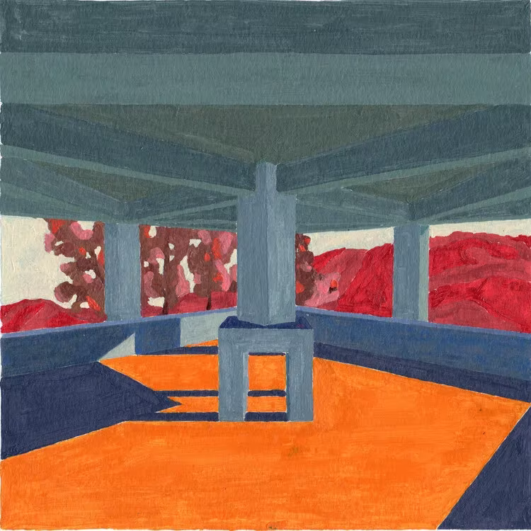 Pintura del interior del Pabellón ROSA con techo verde, chimenea central y suelo naranja