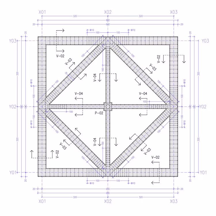 Planta de forjado del Pabellón ROSA con las vigas diagonales que forman una cruz estructural