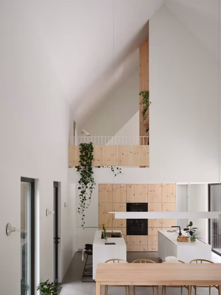Double-height space with a pine mezzanine, kitchen and dining area under the pitched roof, TISSARAOUATA
