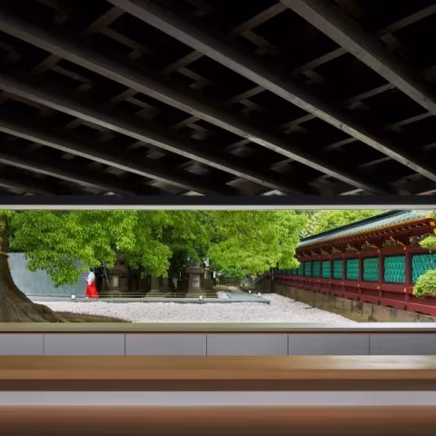 Vista bajo el techo de rejilla de madera hacia el recinto de Ueno Toshogu y su muro rojo y verde