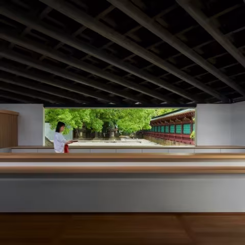 Interior del pabellón de Ueno Toshogu con techo de retícula oscura y vista del santuario por un hueco corrido