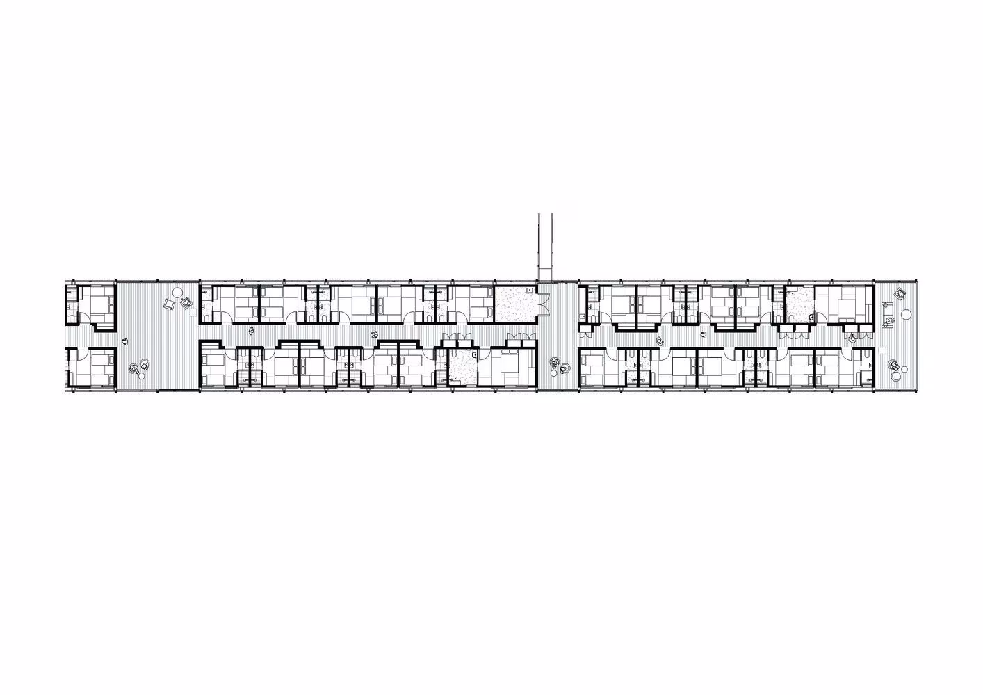 Planta del puente de Bundanon con las habitaciones a ambos lados de un pasillo central