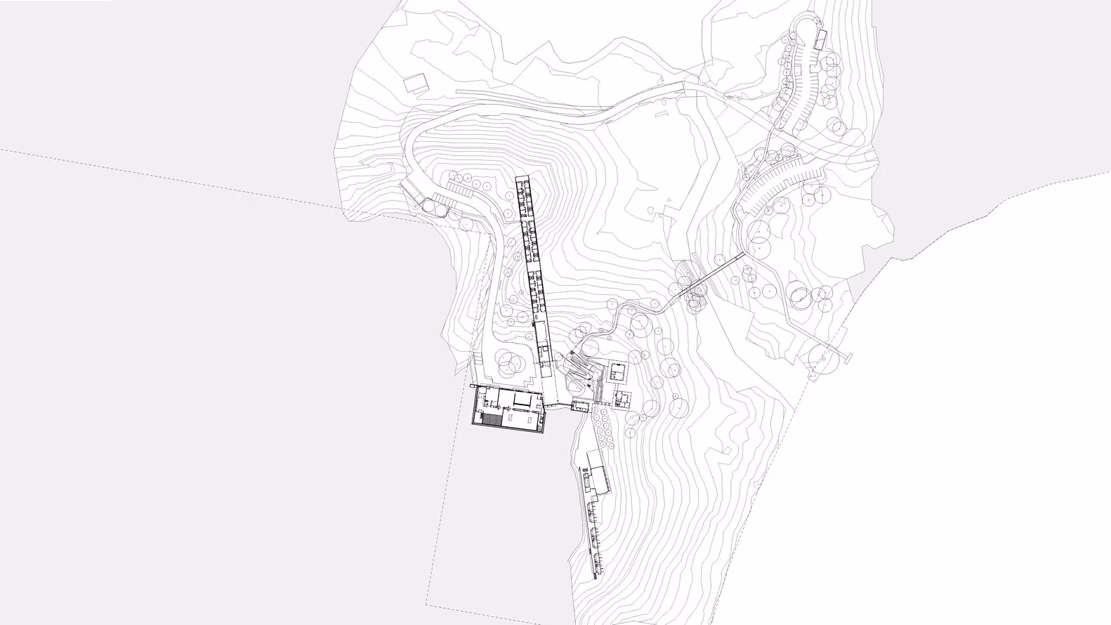 Plano de emplazamiento general de Bundanon con curvas de nivel y el trazado del puente lineal