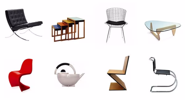Collection of Bauhaus-era furniture: Barcelona chair, nesting tables, Bertoia chair and tube and timber chairs