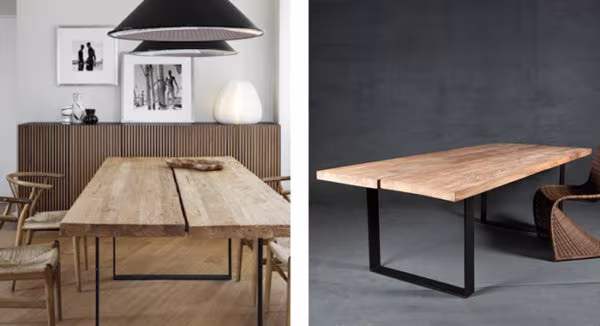 Solid timber dining tables with two-board tops and black legs under dark pendant lamps