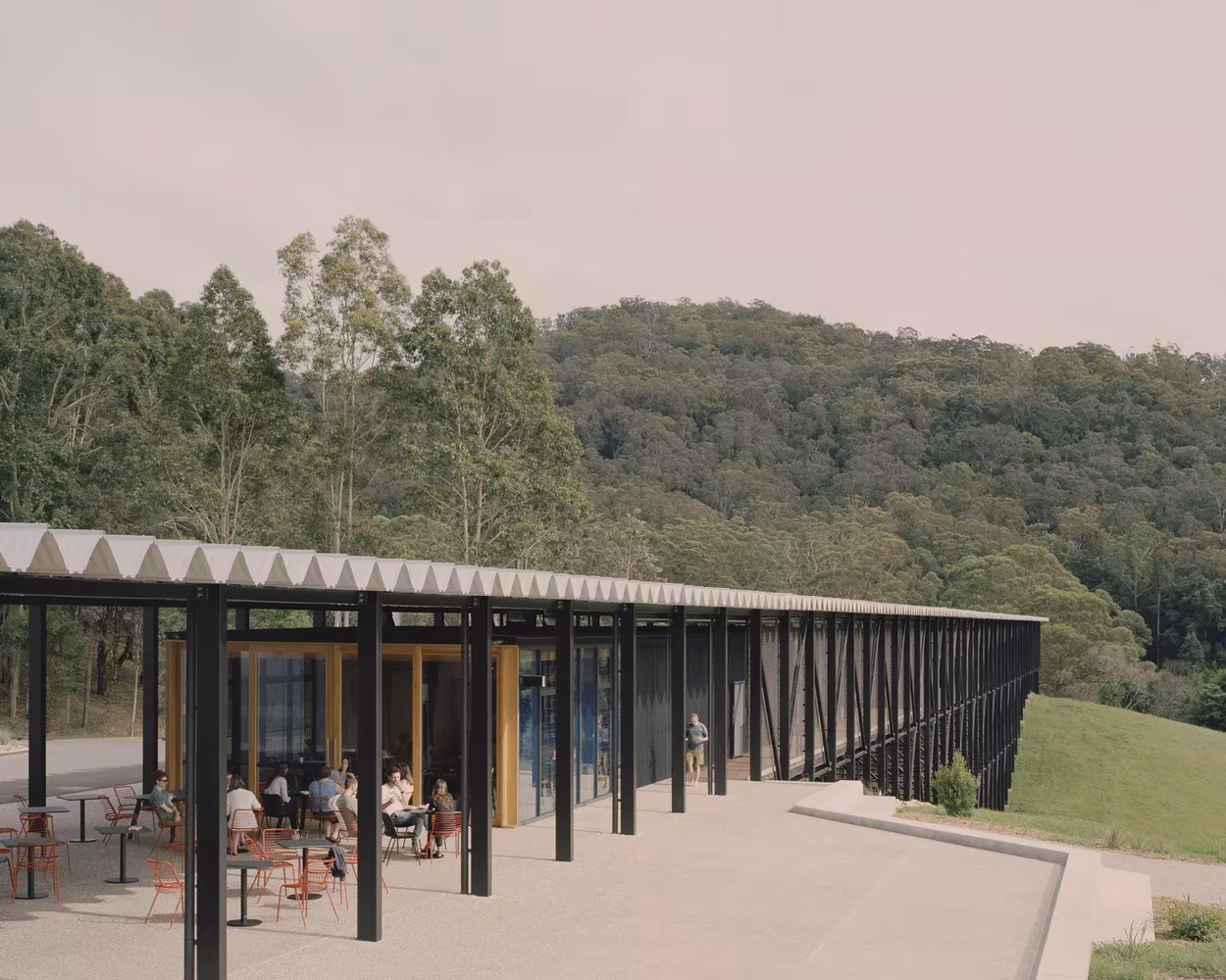 Galería porticada de acero con cubierta ondulada y cafetería junto a la pradera en Bundanon, New South Wales