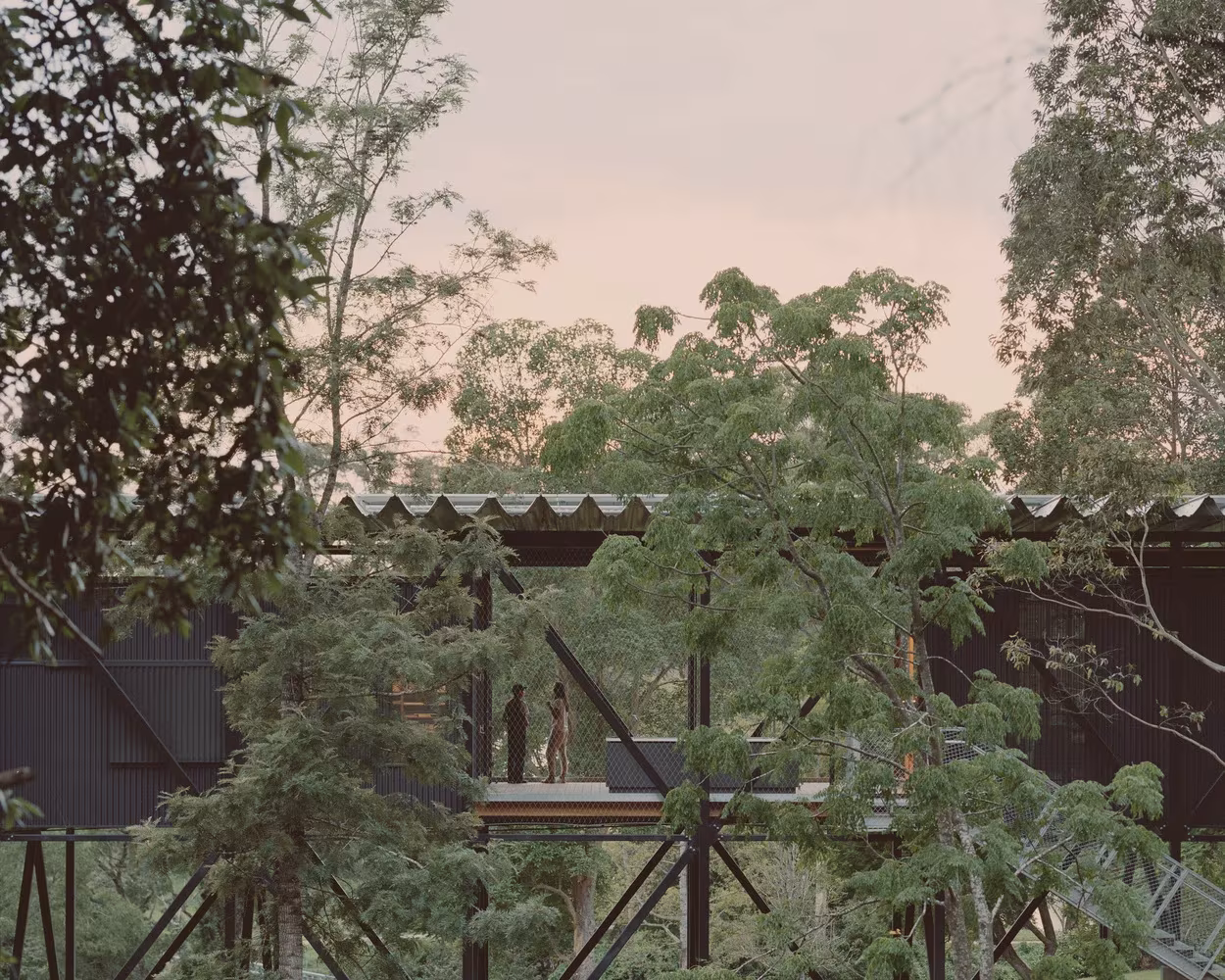 Puente de Bundanon asomando entre la vegetación, con su cubierta metálica sobre la estructura de acero