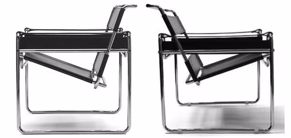 Two Marcel Breuer Wassily armchairs seen in profile, with chromed tube and leather seats