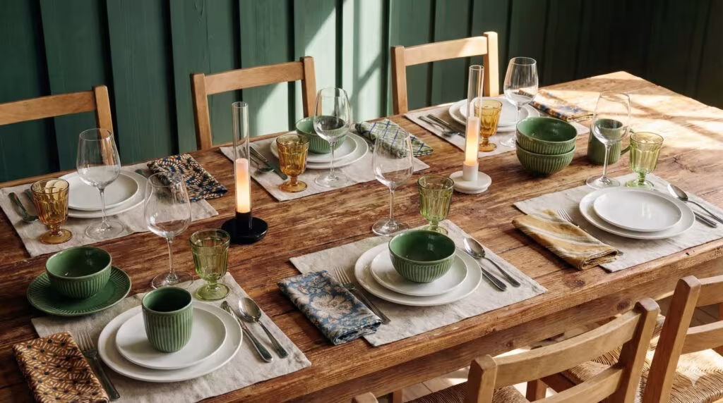 Mesa de madera puesta para Navidad con vajilla verde, copas y velas ante un panel de madera pintada en verde