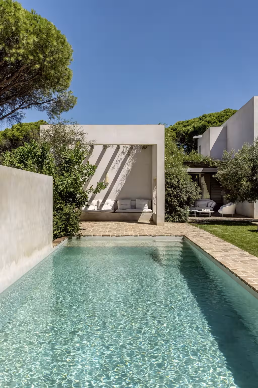 Piscina larga entre pinos y una pérgola de hormigón junto a la Villa de arena, proyecto B