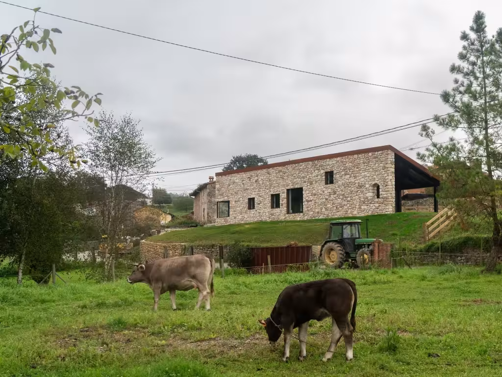 Casa Reversa de piedra con cubierta baja entre prados y vacas en la Sierra de Ibio, de Héctor Navarro y arkhitekton